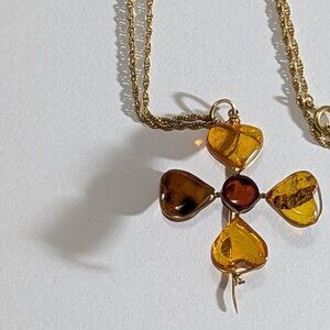 Vintage Genuine Heart Honey Amber Cross Brooch Pendant with 18" Chain Gold Plate